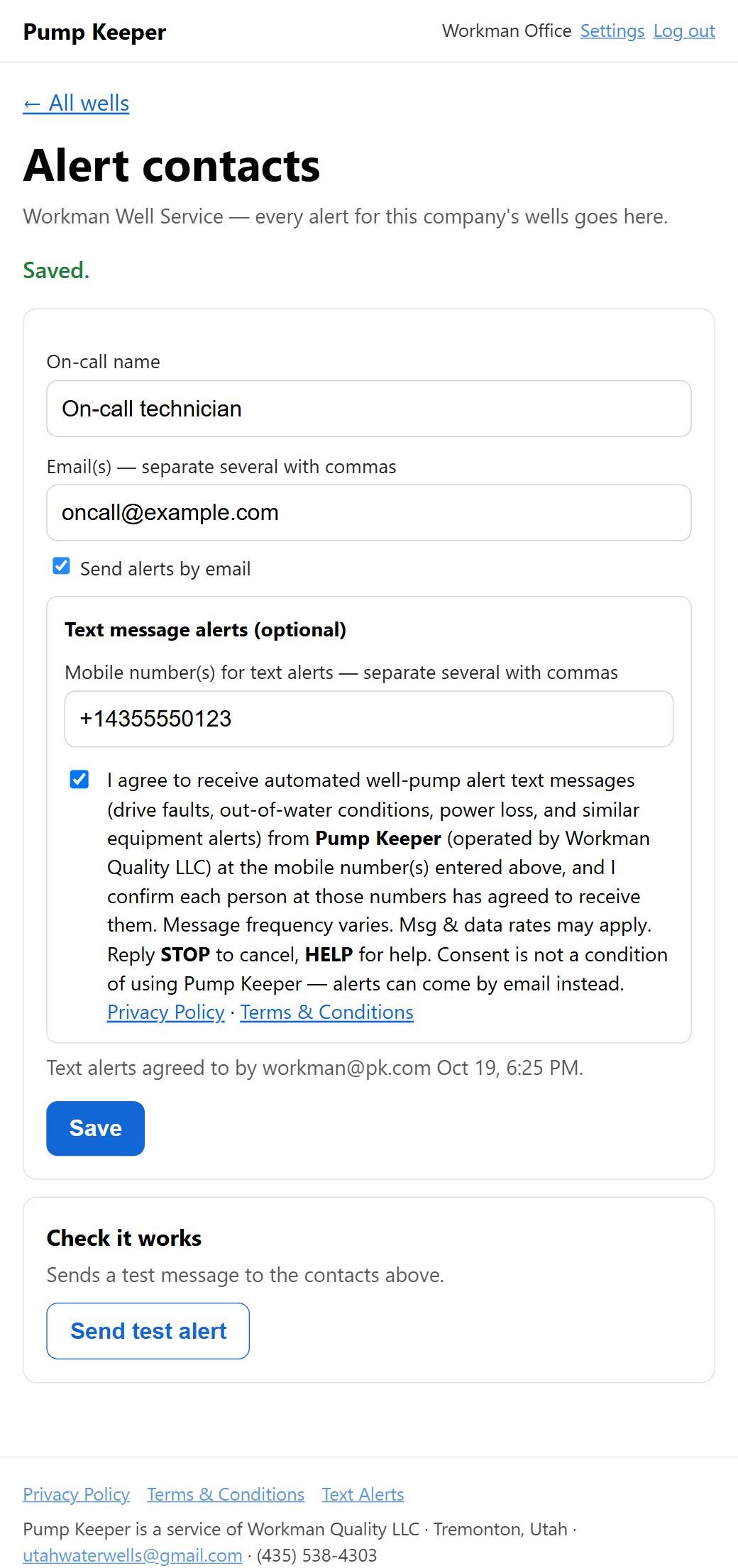 Pump Keeper Settings page after saving, showing Saved and the recorded text-alert consent