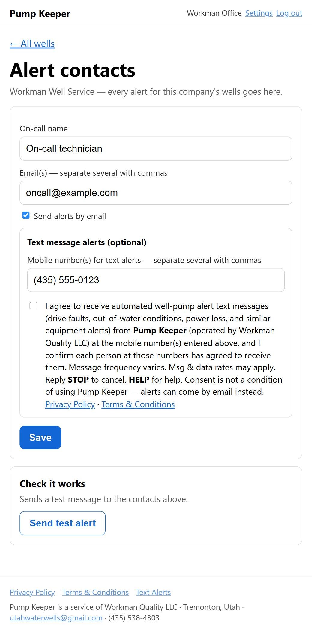 Pump Keeper Settings page showing the optional, unchecked text-alert consent box
